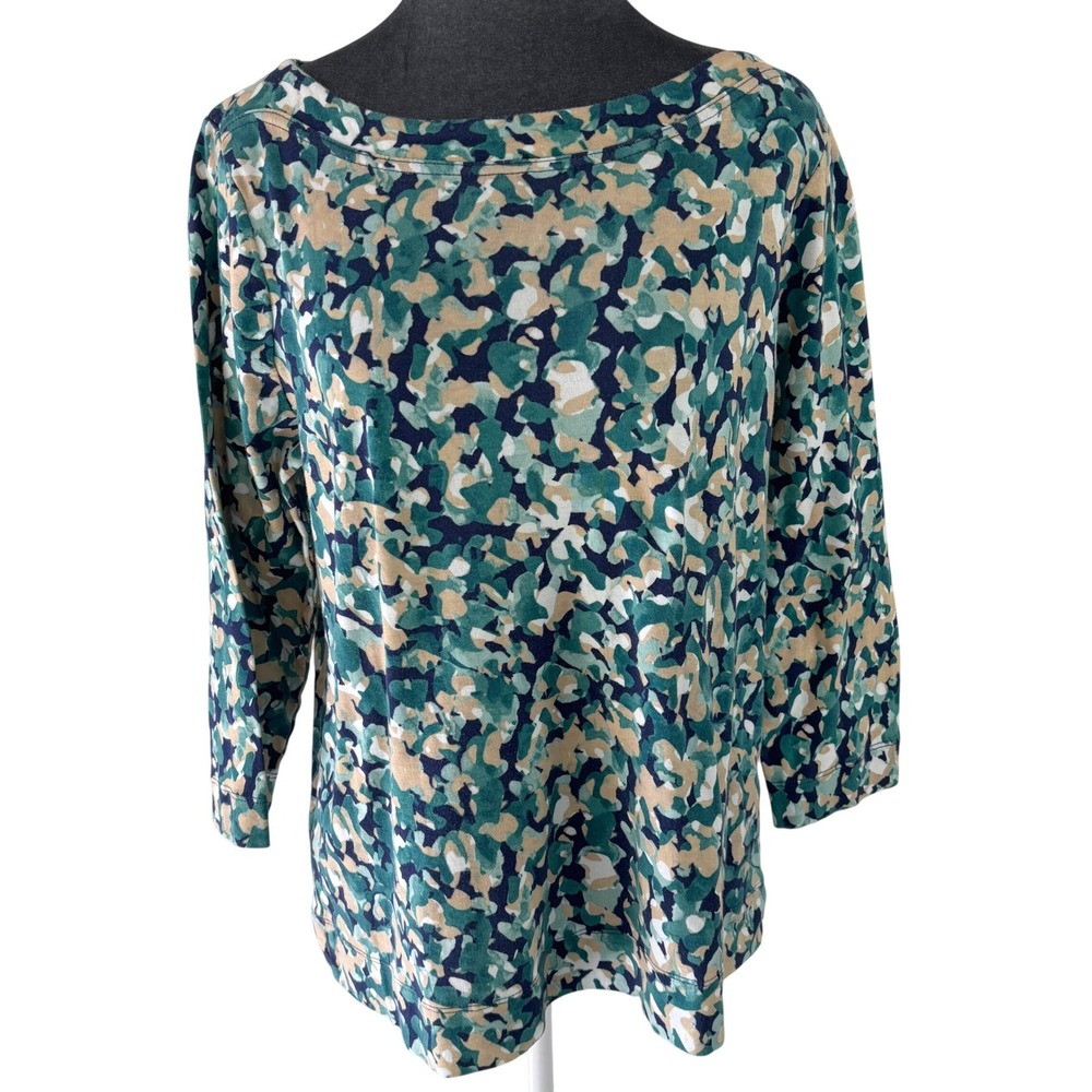 Chicos 2 L Boat Neck‎ Top 3/4 Sleeve Abstract Watercolor Coastal Teal Green Navy